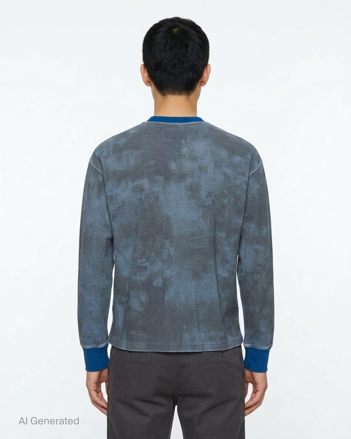 KidSuper Studios Puppet Master Thermal in washed grey-blue tie-dye waffle knit with a painted dancer graphic, white dove embroidery and contrast blue collar and cuffs - back