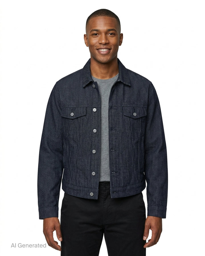 KidSuper Studios Stripe Dove Denim Jacket in dark indigo pinstriped denim with button front and chest flap pockets - front