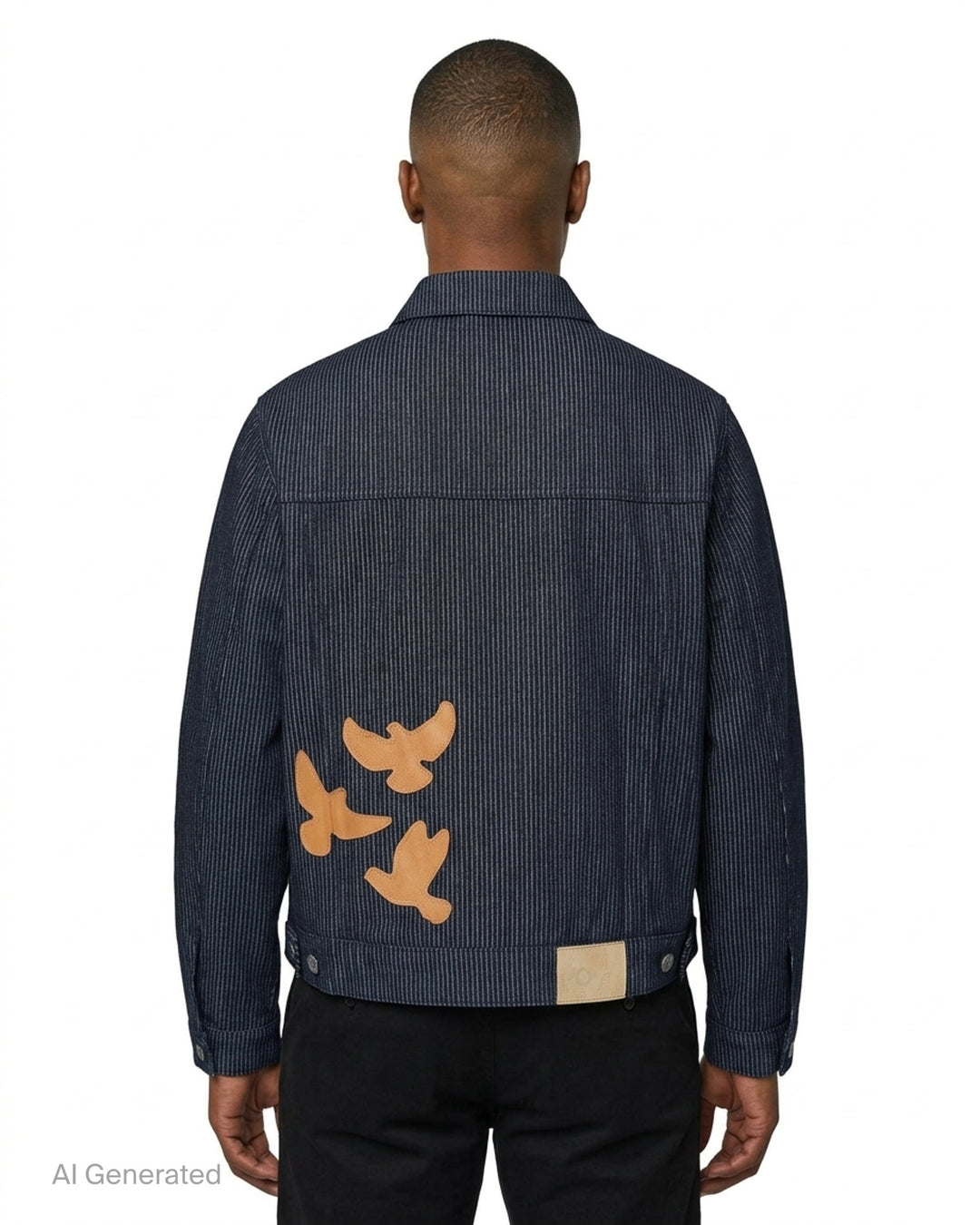 KidSuper Studios Stripe Dove Denim Jacket in dark indigo pinstriped denim with button front and chest flap pockets - back