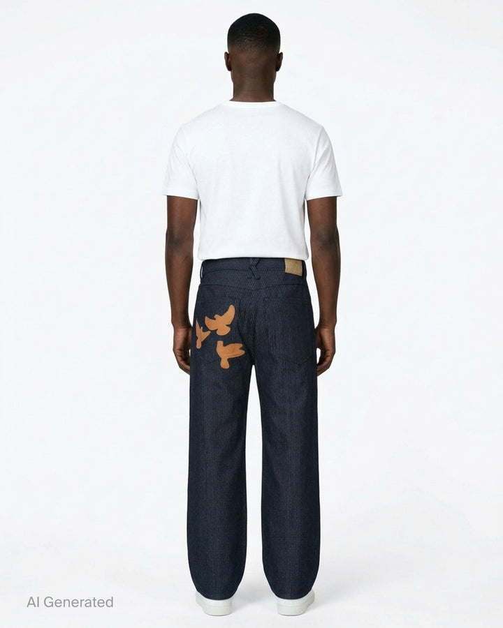 KidSuper Studios Stripe Dove Denim Pants in dark indigo with fine vertical pinstripes, a ridged waistband and a wide-leg cut, shown from the front - back