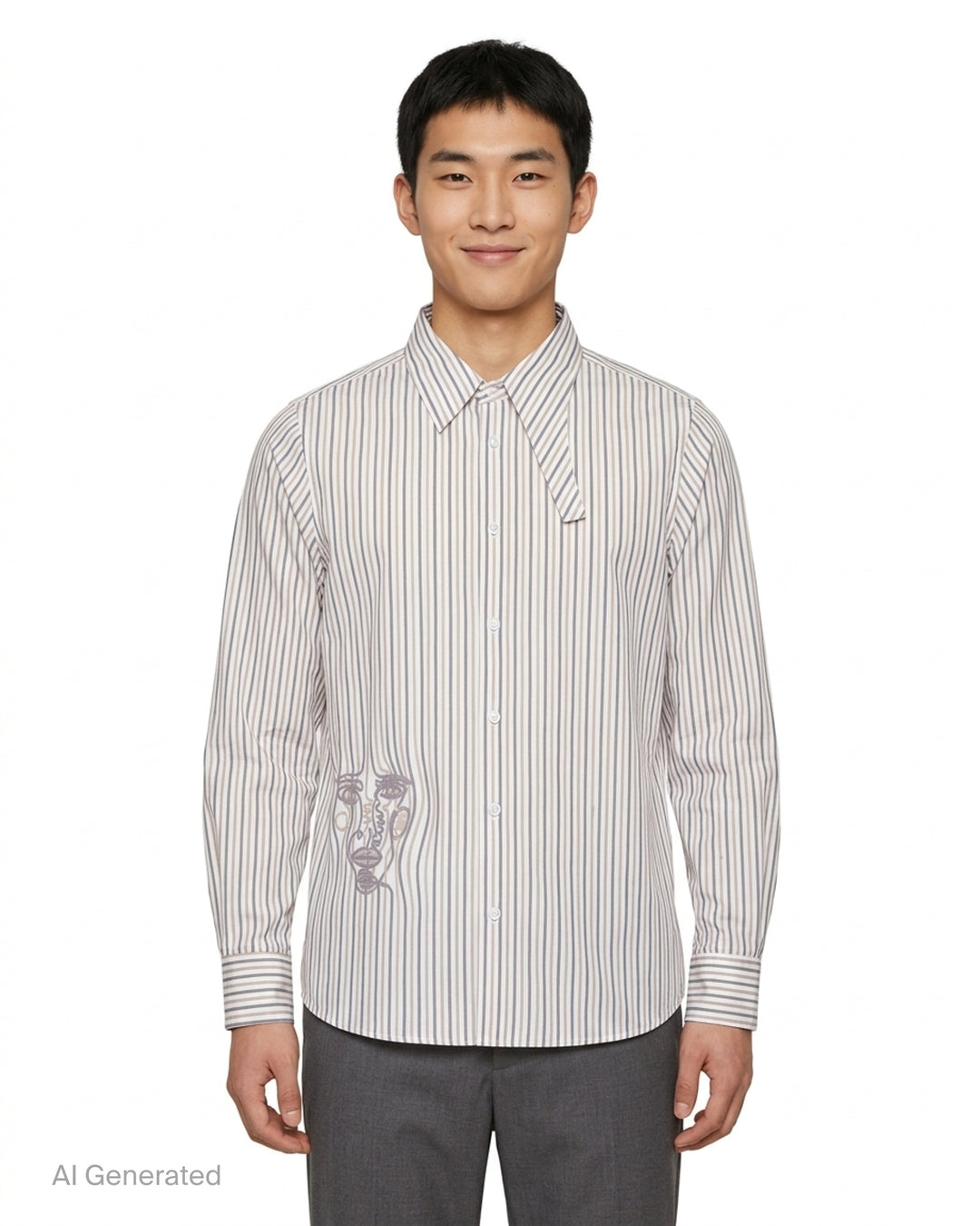 KidSuper Studios long sleeve striped button-up shirt in white, grey and taupe with an abstract line-drawn face print at the hem and an asymmetric collar - front