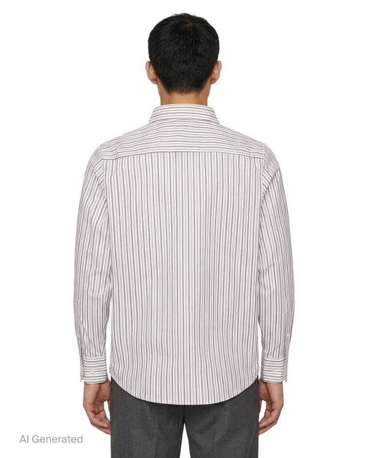KidSuper Studios long sleeve striped button-up shirt in white, grey and taupe with an abstract line-drawn face print at the hem and an asymmetric collar - back