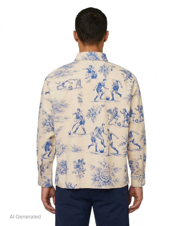 KidSuper Studios cream long sleeve button-up shirt with blue toile de Jouy print of footballers, winged griffins and peonies, with asymmetric collar and chest pocket - back