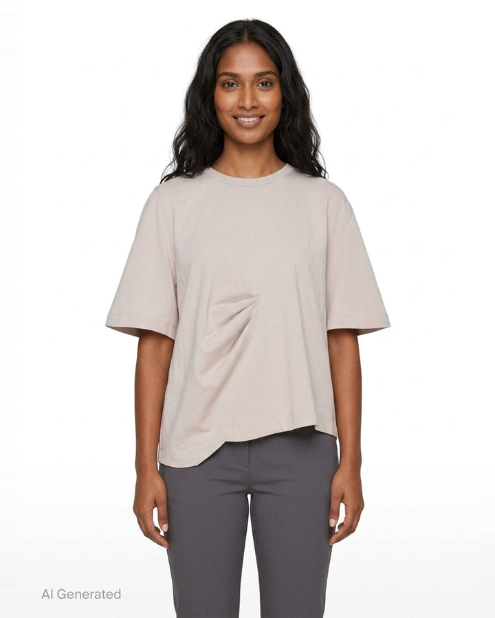 Light Beige Gathered Jersey Tee | Kumann YHJ | Club21 - front
