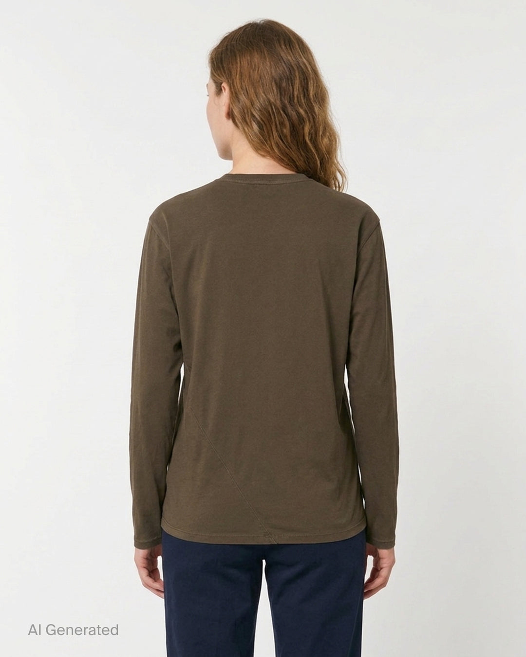 Lauren Manoogian Bias Long Sleeve Tee in washed olive-brown jersey with crewneck and dropped shoulders, front view - back