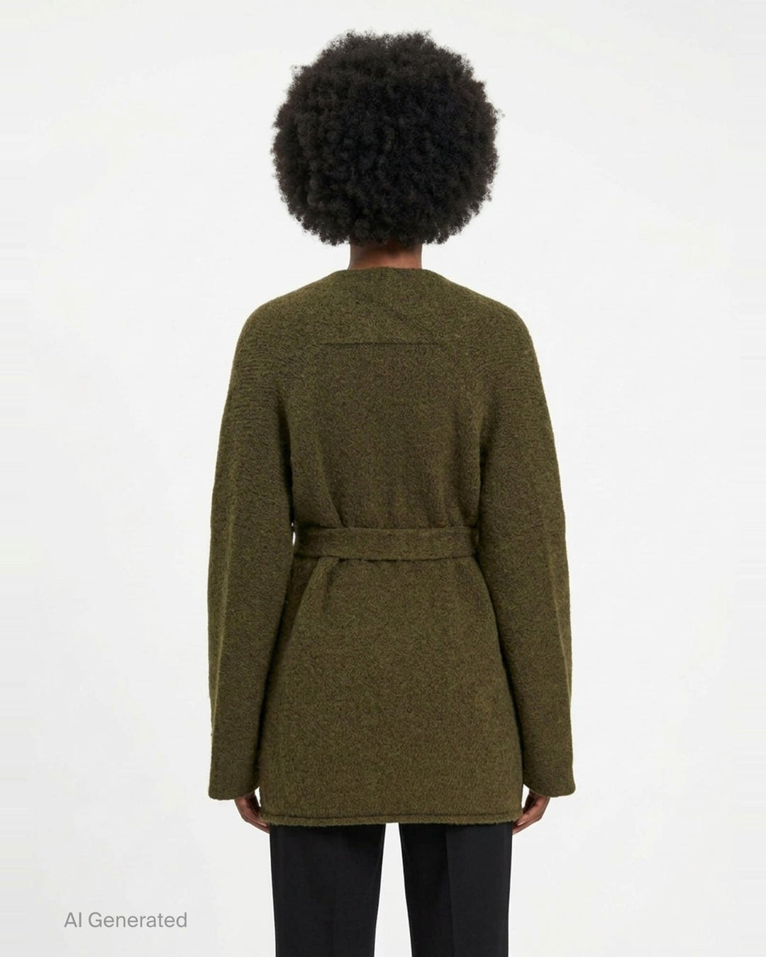 Lauren Manoogian Coto Belted Cardigan in olive, featuring a deep V-neck wrap silhouette and self-tie waist belt, flat lay on white background - back