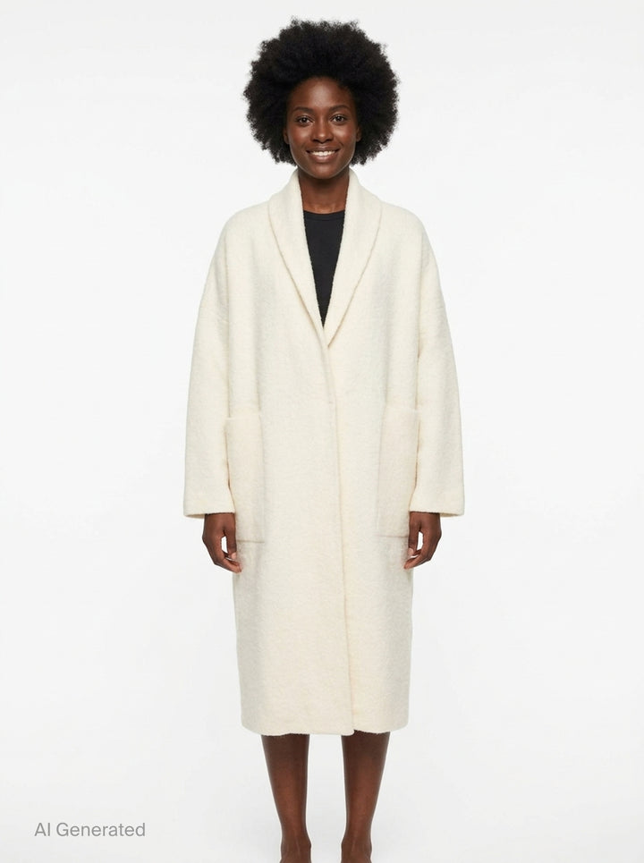 Lauren Manoogian Double Face Long Coat in ivory, displayed flat with shawl collar, dropped shoulders, patch pockets, and open-front silhouette - front