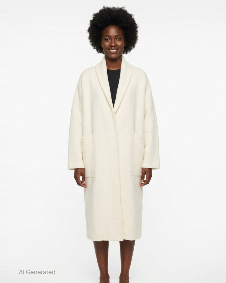 Lauren Manoogian Double Face Long Coat in ivory, displayed flat with shawl collar, dropped shoulders, patch pockets, and open-front silhouette - front