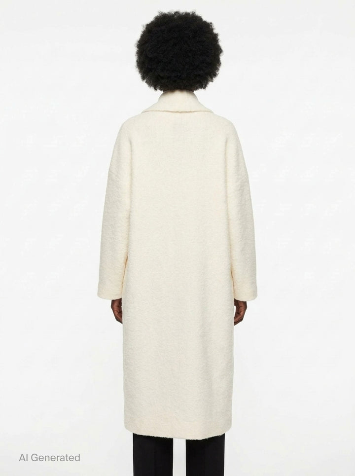 Lauren Manoogian Double Face Long Coat in ivory, displayed flat with shawl collar, dropped shoulders, patch pockets, and open-front silhouette - back
