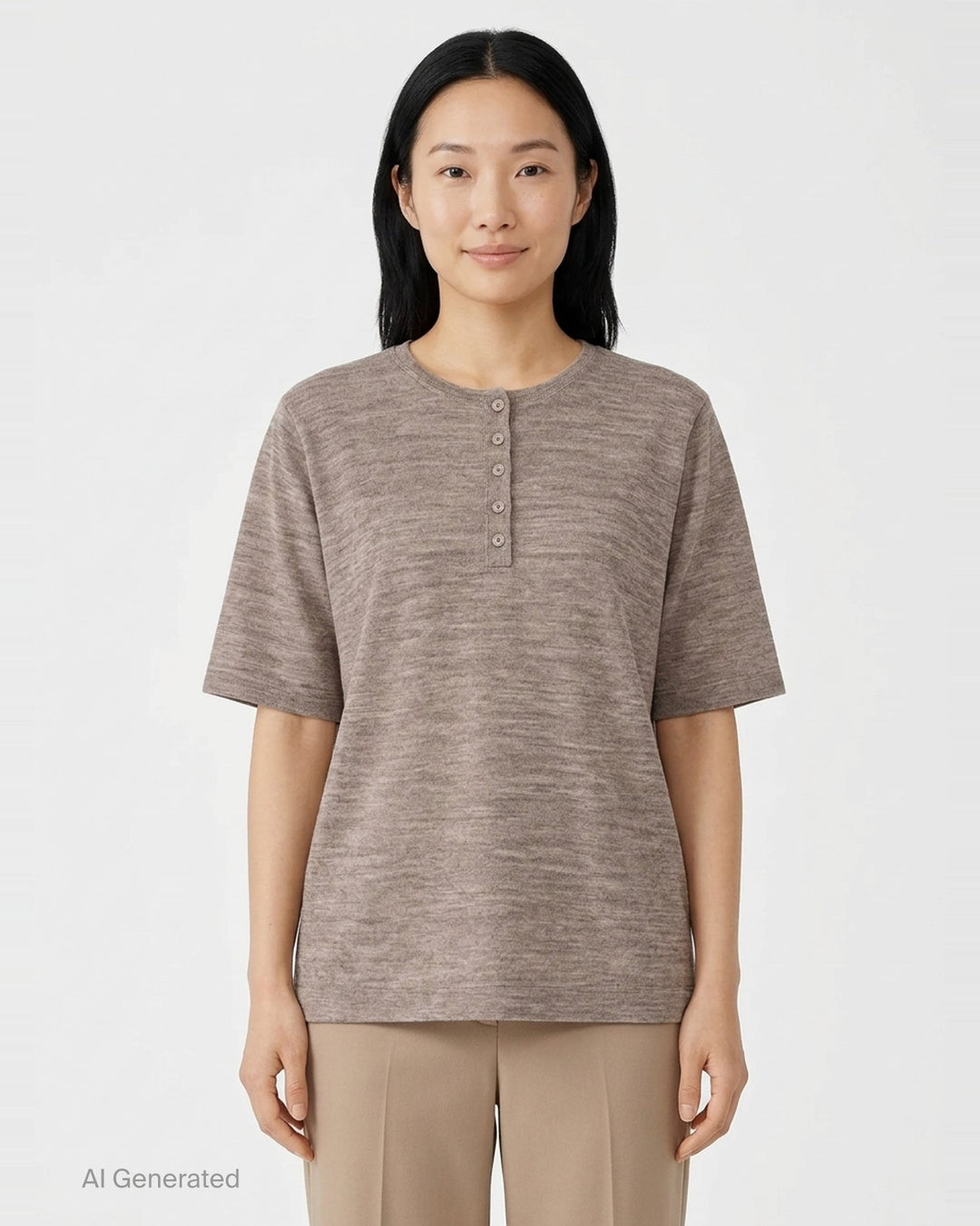 Lauren Manoogian Fine Henley knit top in heathered taupe with short sleeves, a round neck, and a partial button placket, shown flat on a white background - front