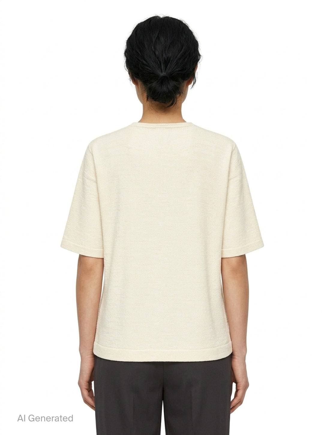 Lauren Manoogian Fine Henley knit top in heathered taupe with short sleeves, a round neck, and a partial button placket, shown flat on a white background - back