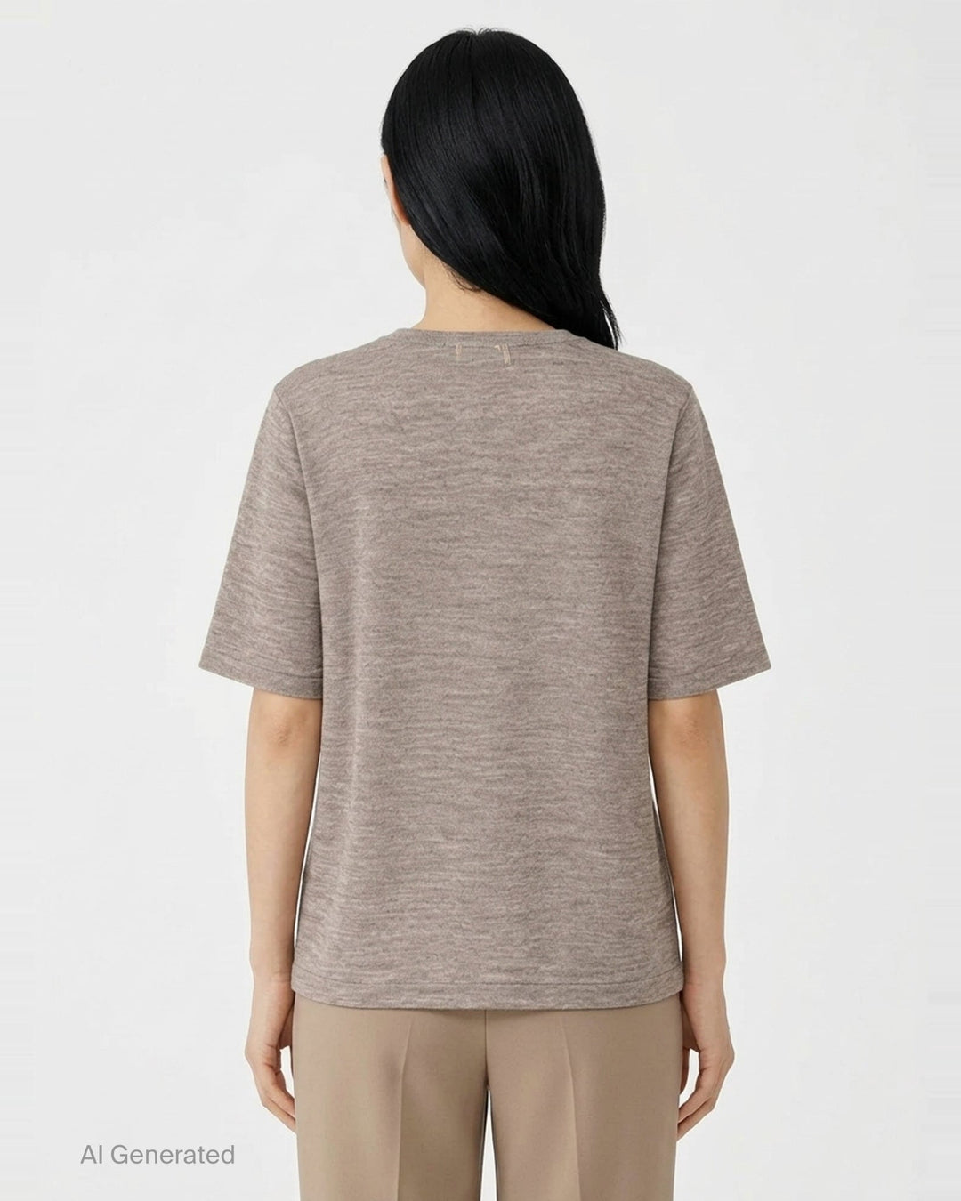 Lauren Manoogian Fine Henley knit top in heathered taupe with short sleeves, a round neck, and a partial button placket, shown flat on a white background - back