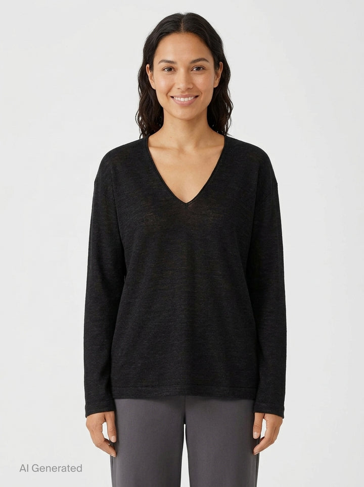 Lauren Manoogian Fine Low V-Neck Sweater in charcoal, featuring a deep V-neckline, oversized relaxed silhouette, dropped shoulders, and long sleeves, shown flat on a white background - front
