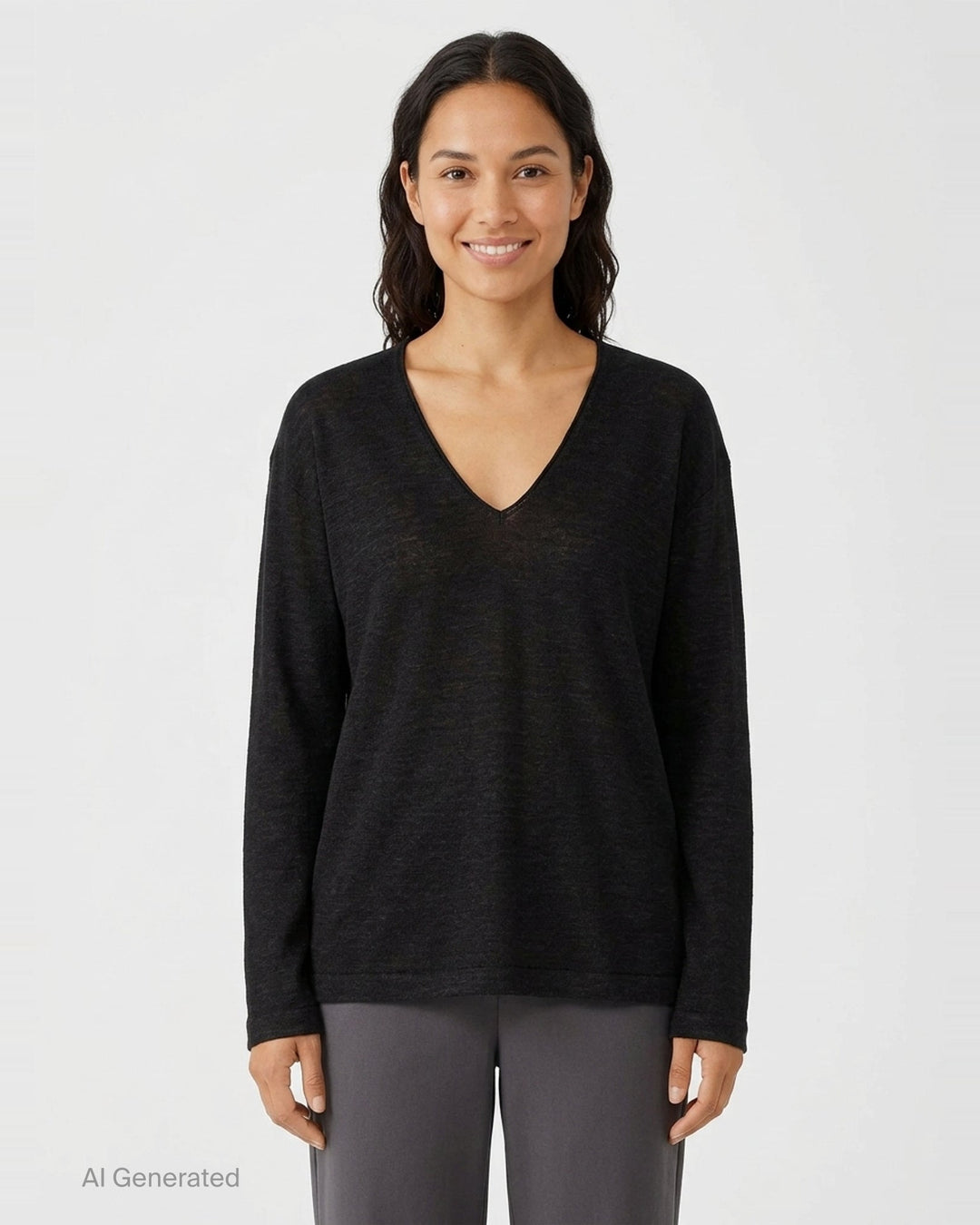 Lauren Manoogian Fine Low V-Neck Sweater in charcoal, featuring a deep V-neckline, oversized relaxed silhouette, dropped shoulders, and long sleeves, shown flat on a white background - front