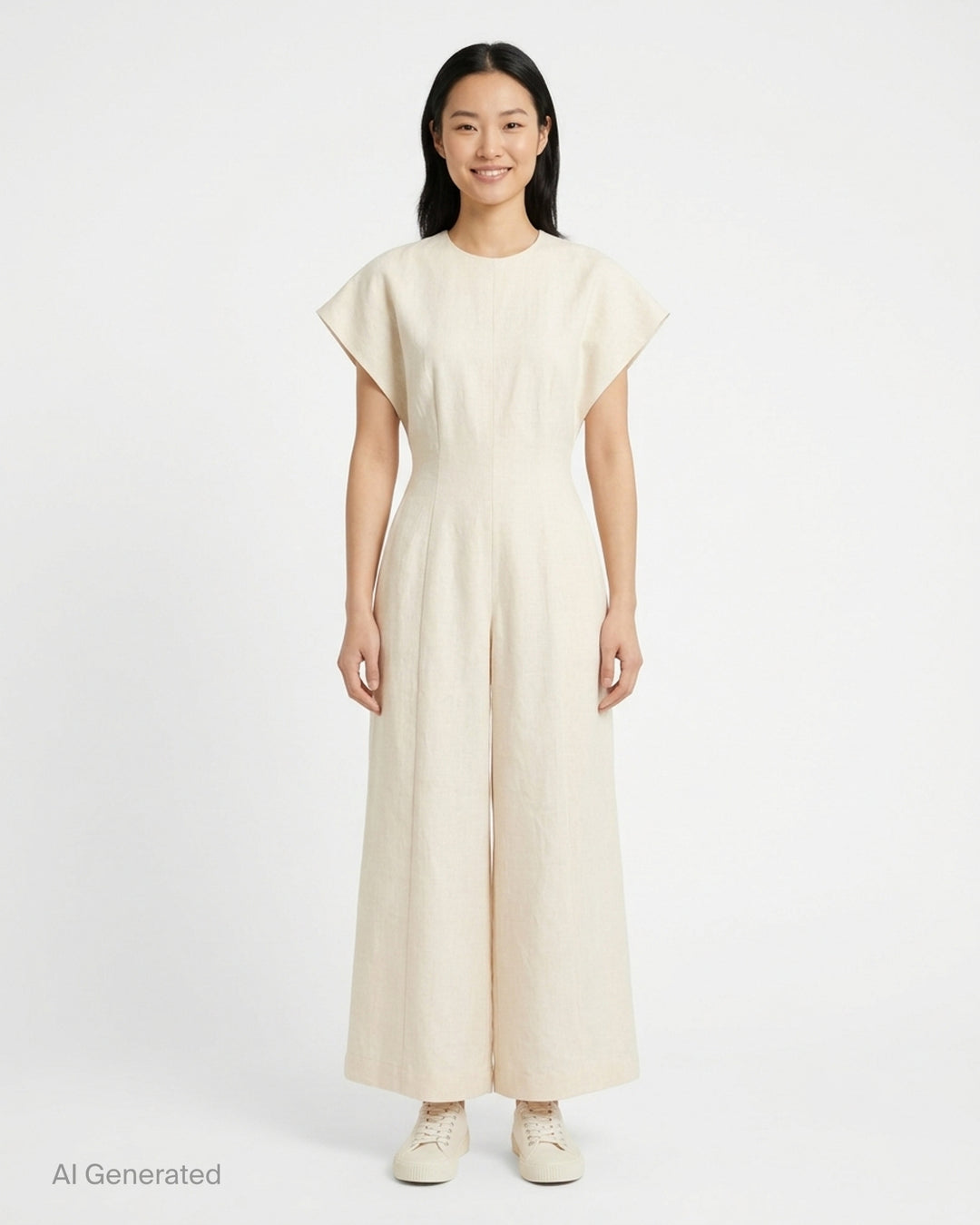 Black cap-sleeve wide-leg jumpsuit with pleated front and cinched waist by Lauren Manoogian - front