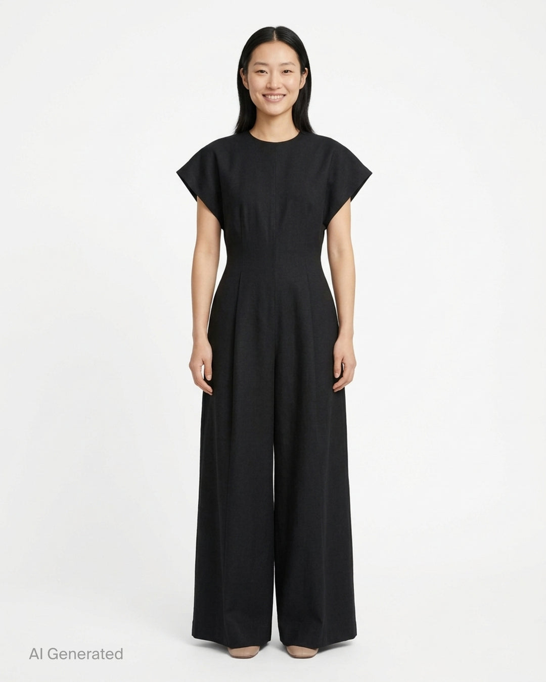 Black cap-sleeve wide-leg jumpsuit with pleated front and cinched waist by Lauren Manoogian - front