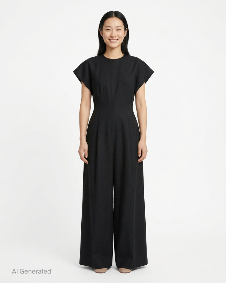 Black cap-sleeve wide-leg jumpsuit with pleated front and cinched waist by Lauren Manoogian - front