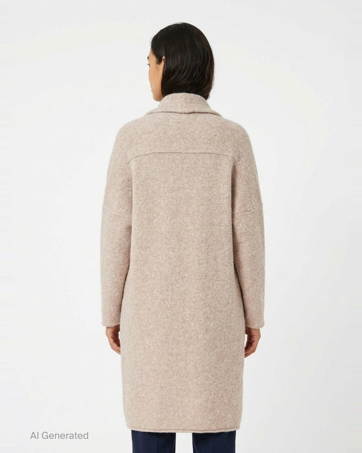 Lauren Manoogian Long Shawl Cardigan in heathered oatmeal, laid flat showing open-front silhouette, wide shawl collar, hip pockets, and woven brand label - back