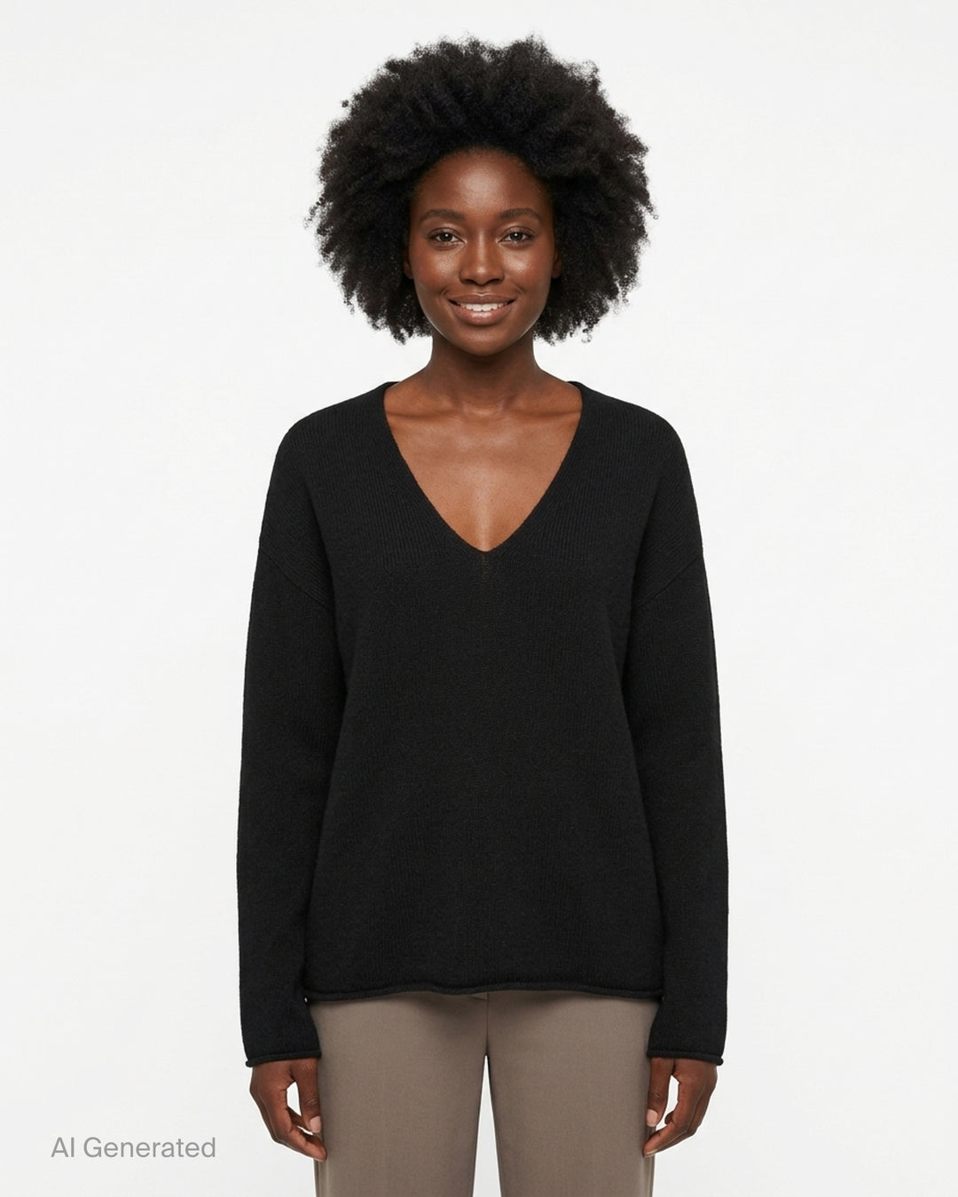 Lauren Manoogian Soft V Neck Sweater in camel, an oversized long-sleeve knit with a deep V neckline and rolled hem, shown flat from the front - front