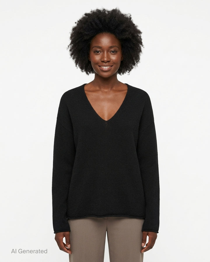 Lauren Manoogian Soft V Neck Sweater in camel, an oversized long-sleeve knit with a deep V neckline and rolled hem, shown flat from the front - front