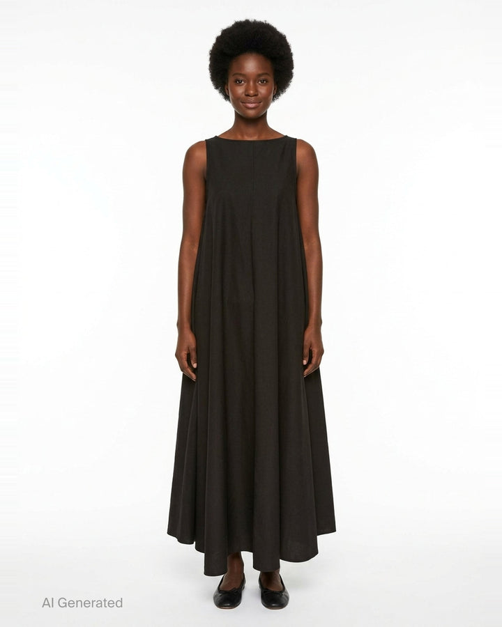 Lee Mathews Balfour A-Line sleeveless maxi dress in black, shown from the back, with a structured fitted bodice and dramatically flared voluminous skirt - front
