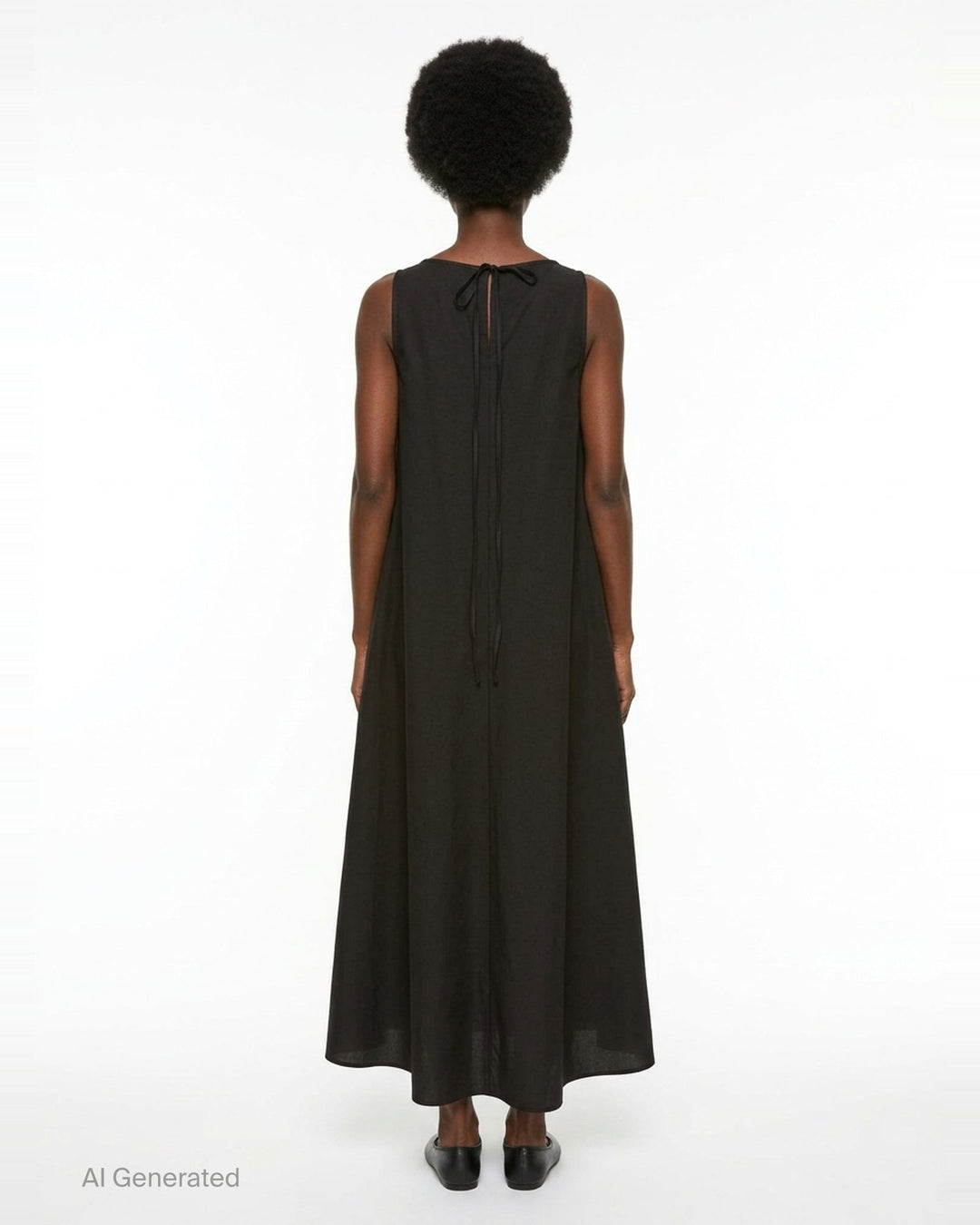 Lee Mathews Balfour A-Line sleeveless maxi dress in black, shown from the back, with a structured fitted bodice and dramatically flared voluminous skirt - back