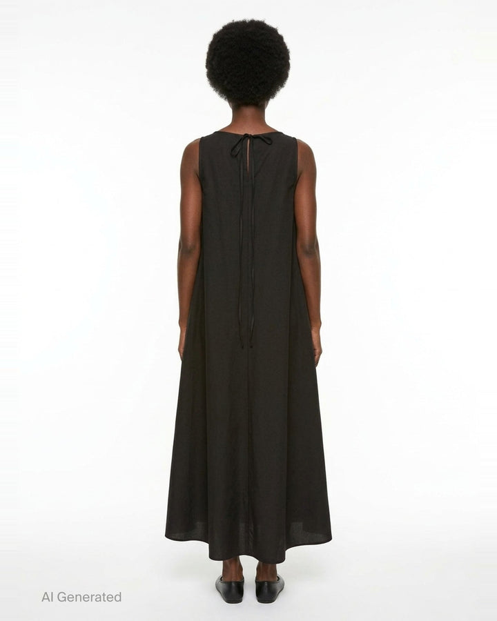 Lee Mathews Balfour A-Line sleeveless maxi dress in black, shown from the back, with a structured fitted bodice and dramatically flared voluminous skirt - back