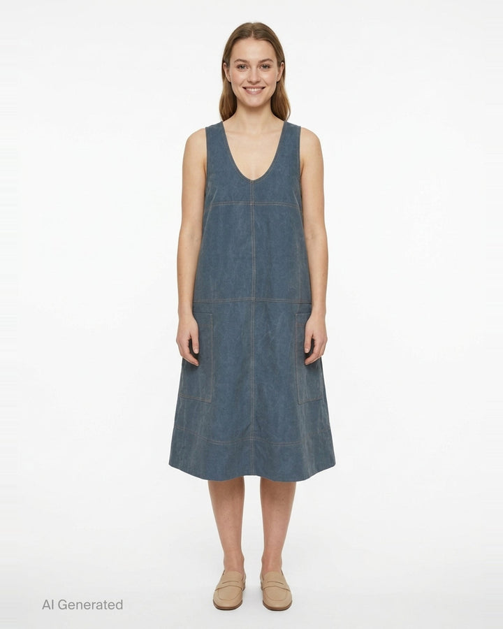 Lee Matthews Cecil Cotton Apron Dress in washed blue denim, featuring a V-neckline, A-line silhouette, contrast topstitching, and two front patch pockets - front
