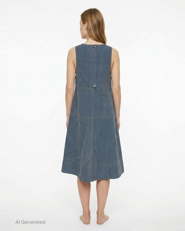 Lee Matthews Cecil Cotton Apron Dress in washed blue denim, featuring a V-neckline, A-line silhouette, contrast topstitching, and two front patch pockets - back