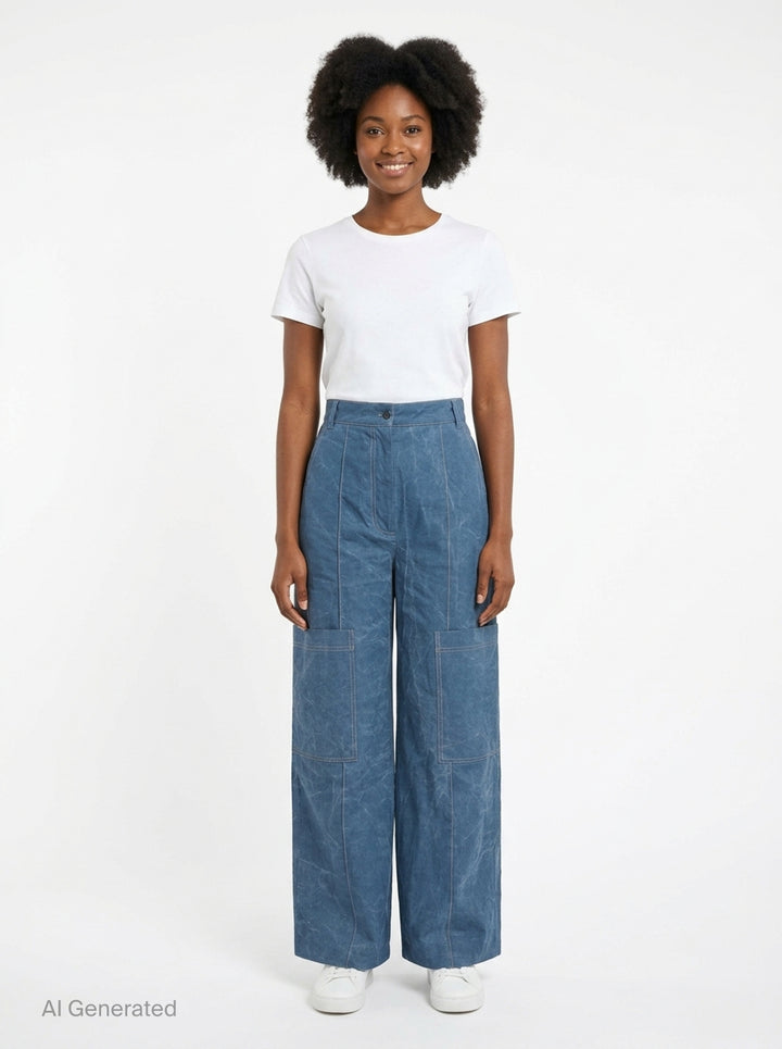 Lee Mathews Cecil Cotton Pants in crinkle-textured faded indigo blue, featuring a wide-leg silhouette, oversized patch pockets, and contrast topstitching throughout - front