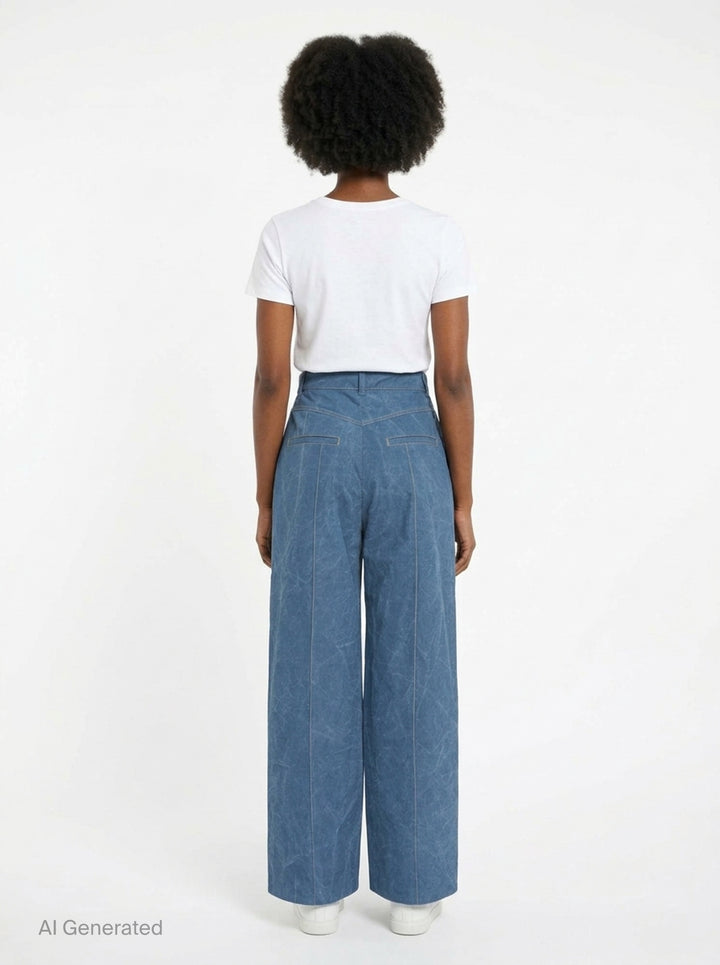 Lee Mathews Cecil Cotton Pants in crinkle-textured faded indigo blue, featuring a wide-leg silhouette, oversized patch pockets, and contrast topstitching throughout - back