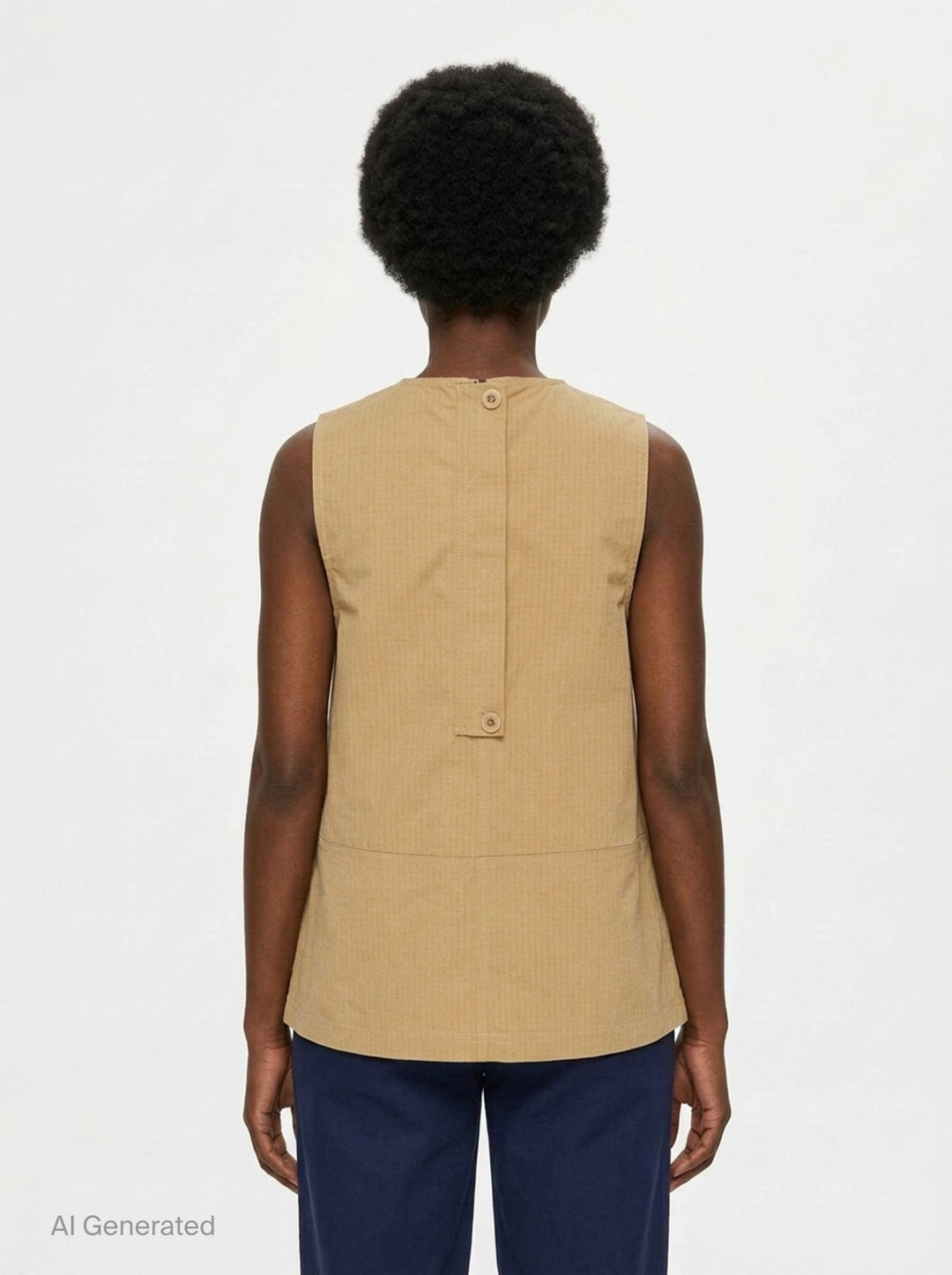 Lee Mathews Cecil Cotton Top in camel — sleeveless A-line woven top with fine stripe texture, centre seam, panel detailing, and back zip closure, shown front view - back