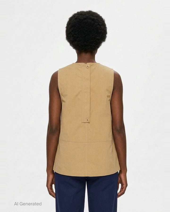 Lee Mathews Cecil Cotton Top in camel — sleeveless A-line woven top with fine stripe texture, centre seam, panel detailing, and back zip closure, shown front view - back