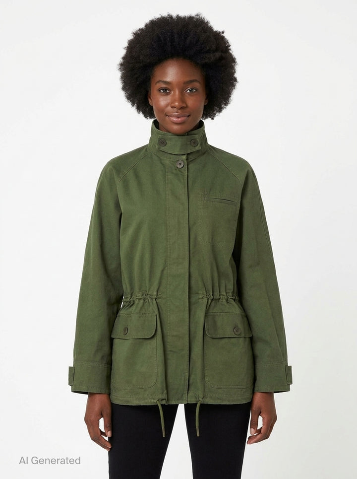 Lee Mathews Harper Drill Utility Jacket in washed khaki cotton drill, featuring a stand collar, button-through placket, drawstring waist, and large flap hip pockets - front