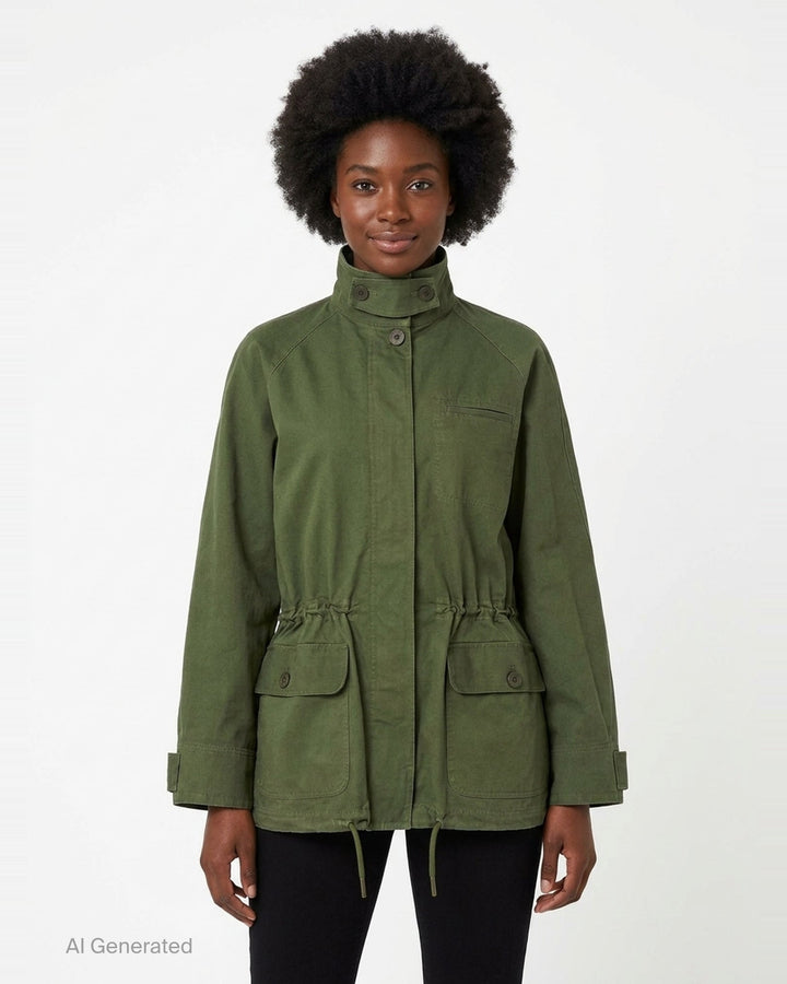 Lee Mathews Harper Drill Utility Jacket in washed khaki cotton drill, featuring a stand collar, button-through placket, drawstring waist, and large flap hip pockets - front