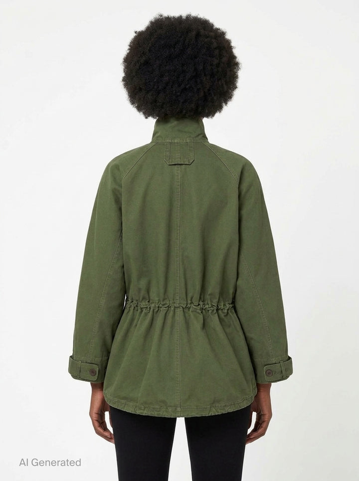 Lee Mathews Harper Drill Utility Jacket in washed khaki cotton drill, featuring a stand collar, button-through placket, drawstring waist, and large flap hip pockets - back