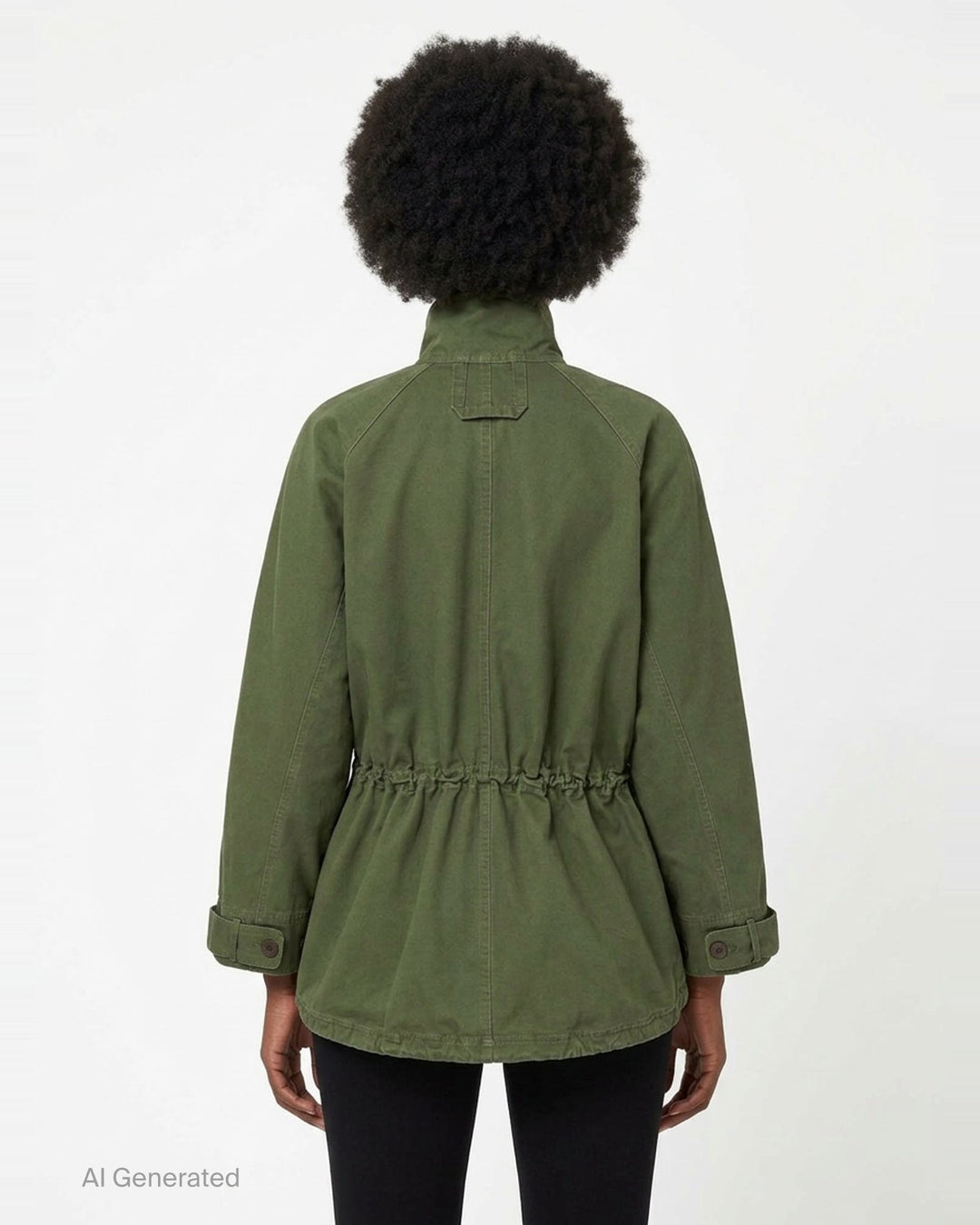 Lee Mathews Harper Drill Utility Jacket in washed khaki cotton drill, featuring a stand collar, button-through placket, drawstring waist, and large flap hip pockets - back