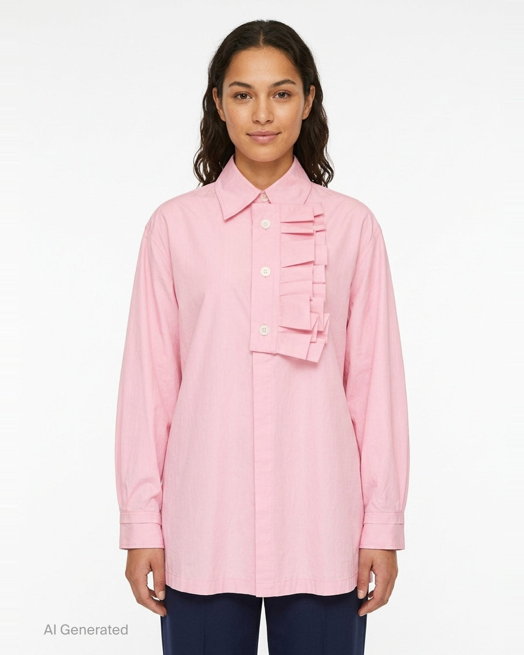 Lee Mathews Nina Long Sleeve Shirt in blush pink, featuring a cascading ruffle jabot along the button placket, point collar, mother-of-pearl buttons, and double-button cuffs - front