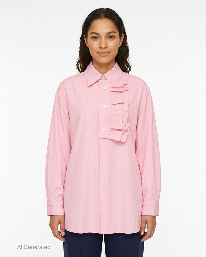 Lee Mathews Nina Long Sleeve Shirt in blush pink, featuring a cascading ruffle jabot along the button placket, point collar, mother-of-pearl buttons, and double-button cuffs - front
