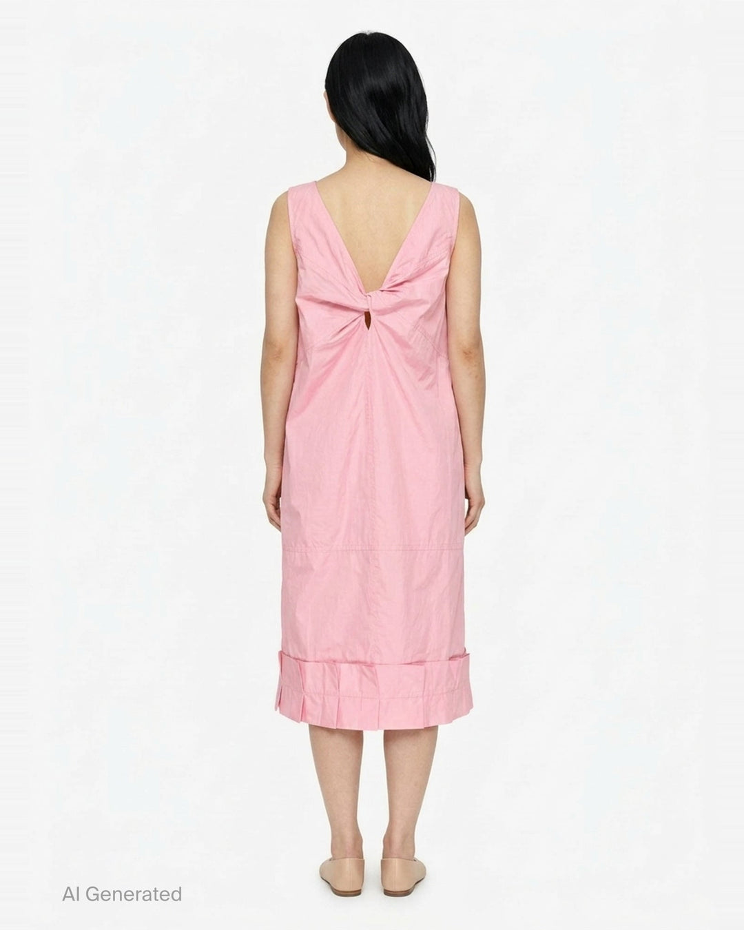 Lee Mathews Nina Silk Ruffle Dress in blush pink — sleeveless midi with panelled construction and a pleated ruffle hem, shown on a white background - back