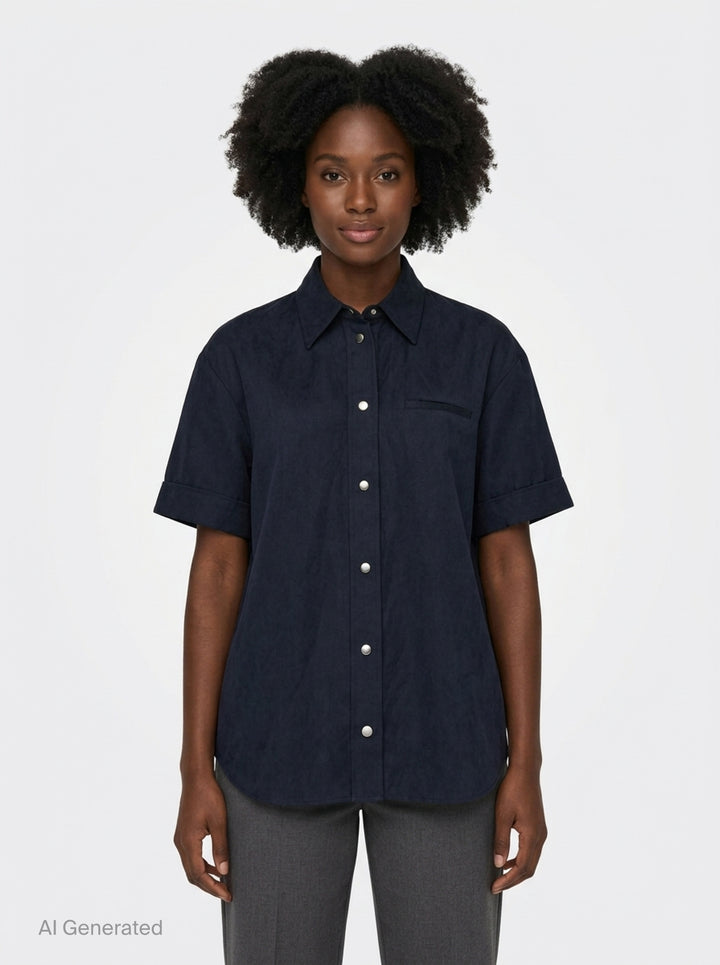 Lee Mathews Powell Short Sleeve Shirt in navy, featuring press-stud closure, turned-back cuffs, pointed collar, and a tonal chest pocket - front