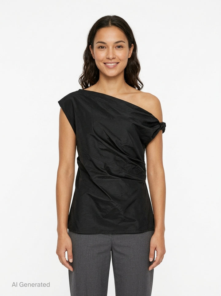 Lee Mathews Nina Silk Twist Top in black, featuring an asymmetric one-shoulder neckline and diagonal ruched twist draping across the body - front