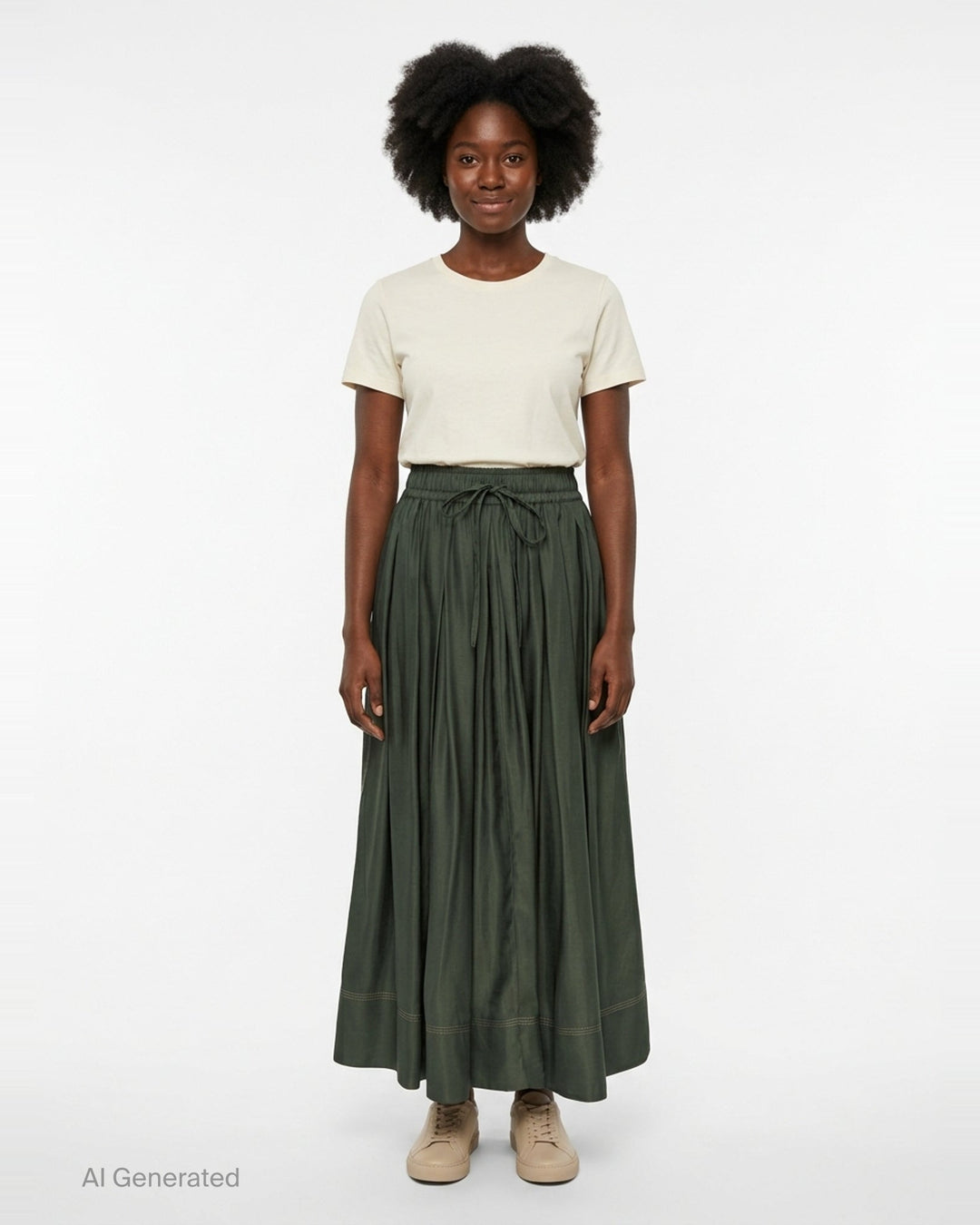 Lee Mathews Sloane Pleat Midi Skirt in deep forest green, featuring a smocked elastic waistband with drawstring tie, voluminous gathered pleats, and contrast hem stitching - front