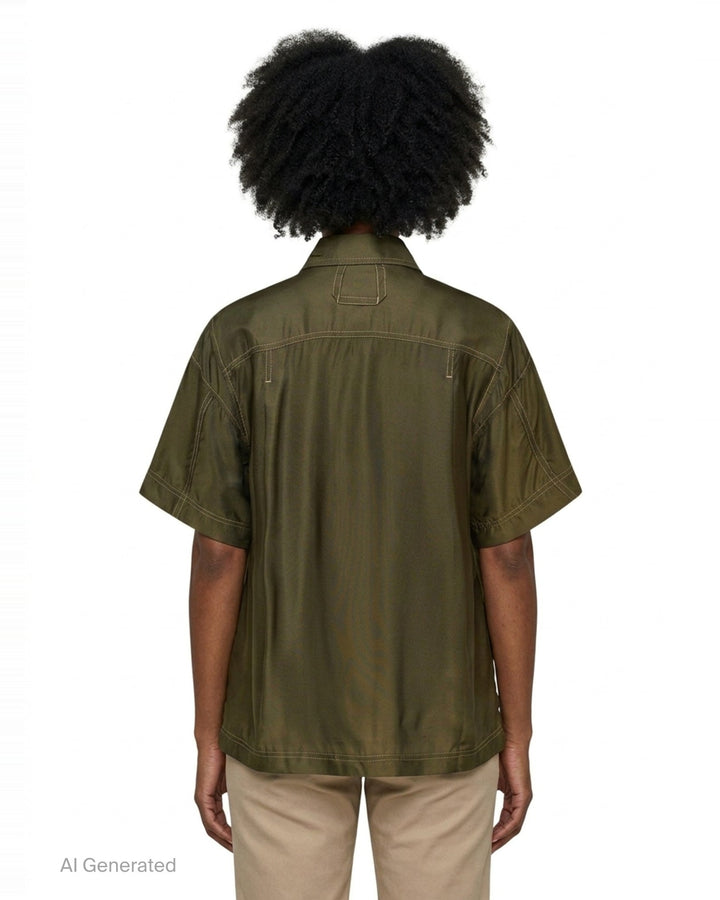 Lee Mathews Sloane Short Sleeve Shirt in olive green with white contrast topstitching, two patch chest pockets, and button-through front placket, displayed flat on white background - back