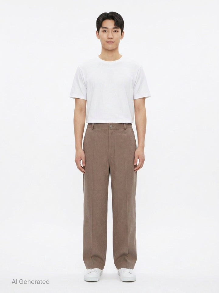 Lemaire Barrel Poly Cotton Pants in warm taupe, featuring a wide-leg silhouette, front pintuck seams, and a high-rise snap-button waistband - front