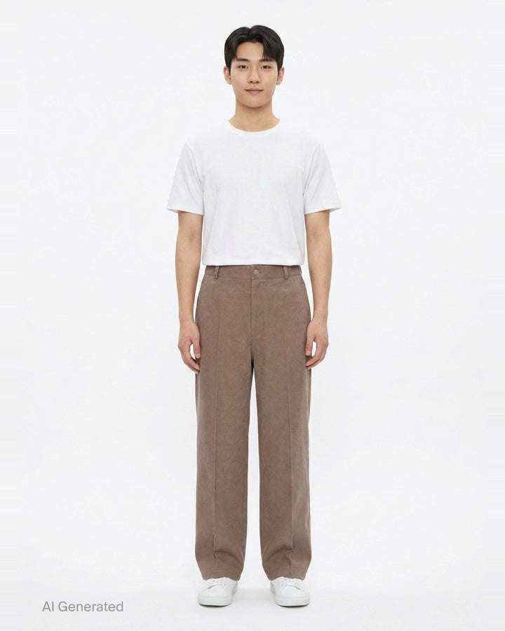 Lemaire Barrel Poly Cotton Pants in warm taupe, featuring a wide-leg silhouette, front pintuck seams, and a high-rise snap-button waistband - front