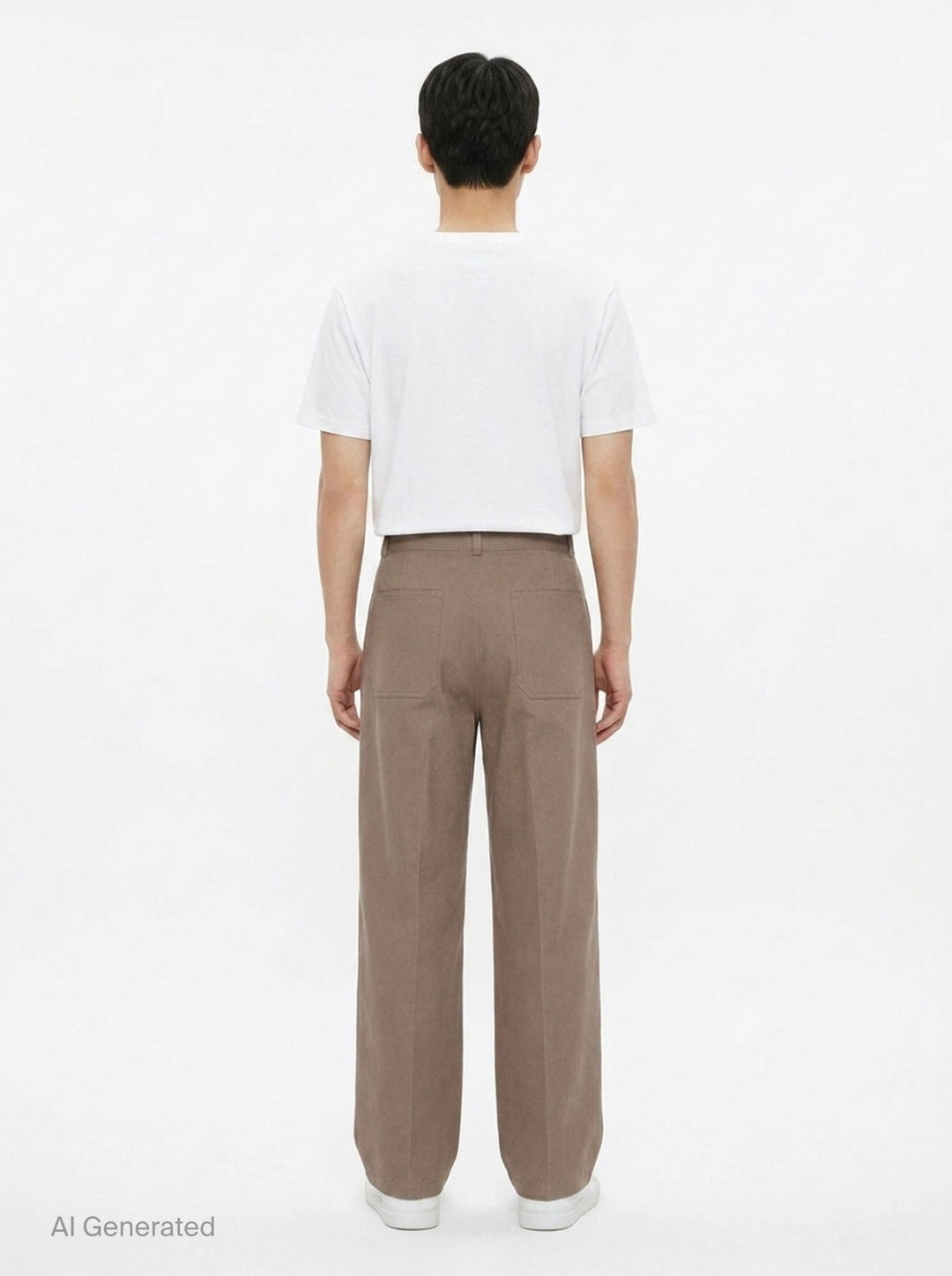 Lemaire Barrel Poly Cotton Pants in warm taupe, featuring a wide-leg silhouette, front pintuck seams, and a high-rise snap-button waistband - back
