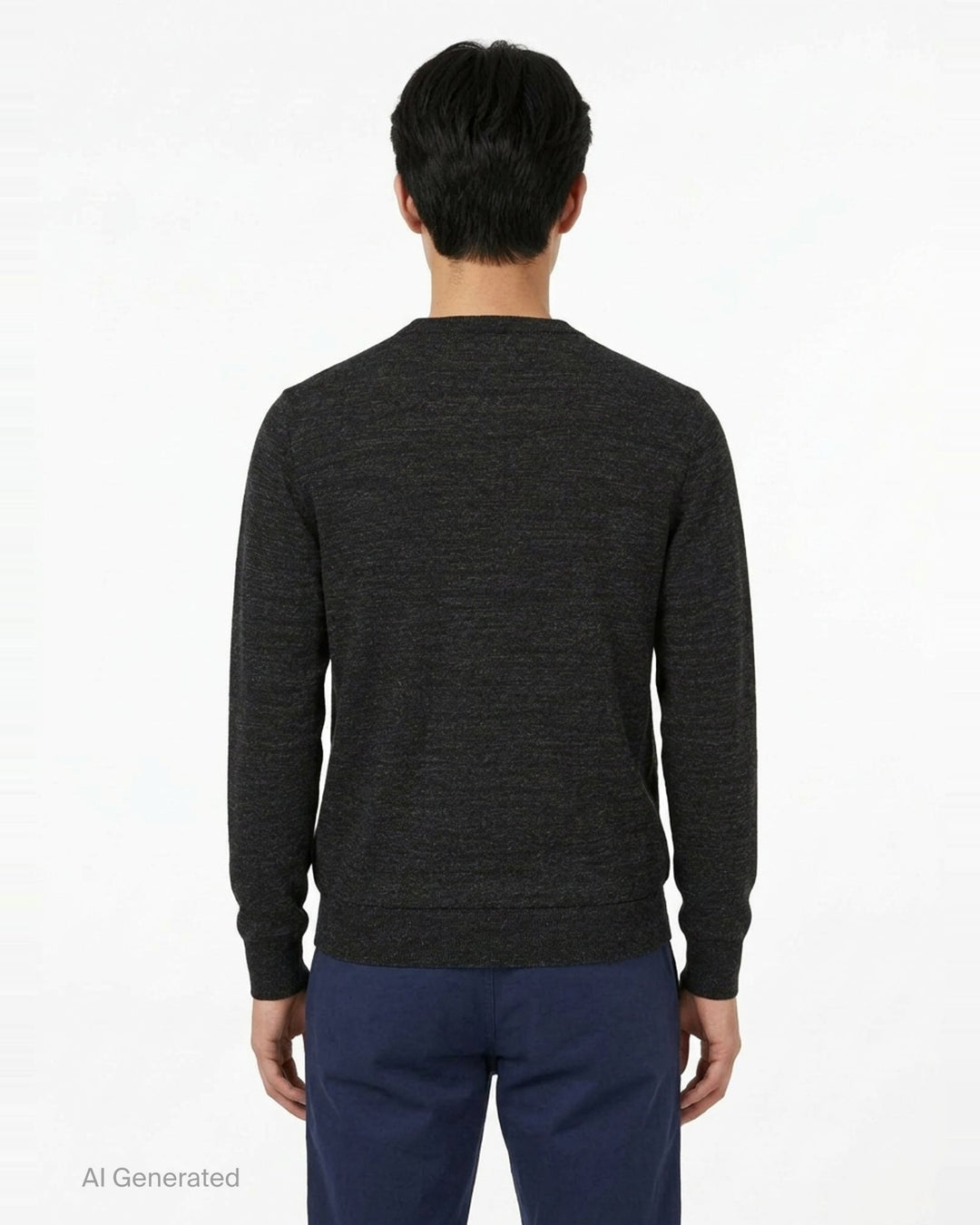 Lemaire crew neck sweater in dark charcoal mouliné knit with ribbed neckline, cuffs, and hem on a white background - back