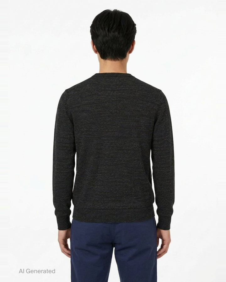 Lemaire crew neck sweater in dark charcoal mouliné knit with ribbed neckline, cuffs, and hem on a white background - back