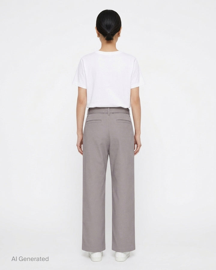 Lemaire grey poly cotton twill curved pants with a high waist, front pleats and self-fabric belt with metal buckle - back